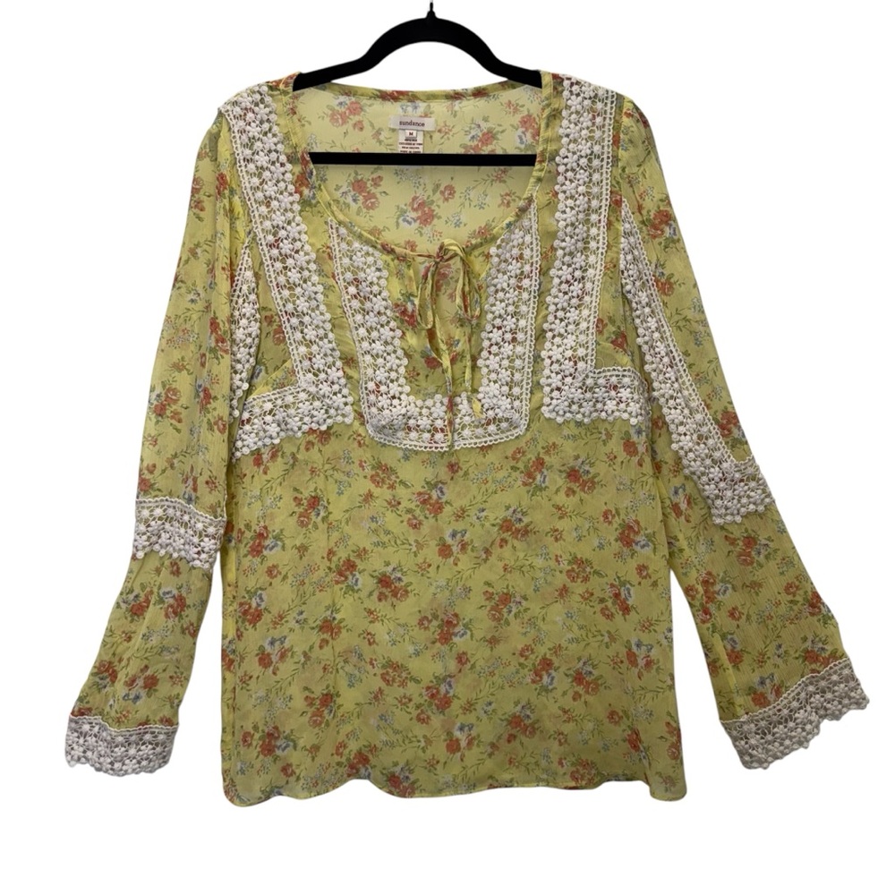 Sundance Yellow Sheer Lace Red Floral Silk Long Sleeve Blouse